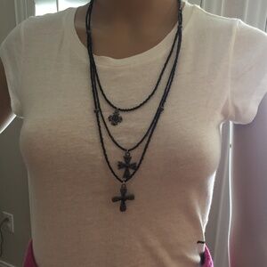 Handmade Black Beaded Necklace with 3 crosses
